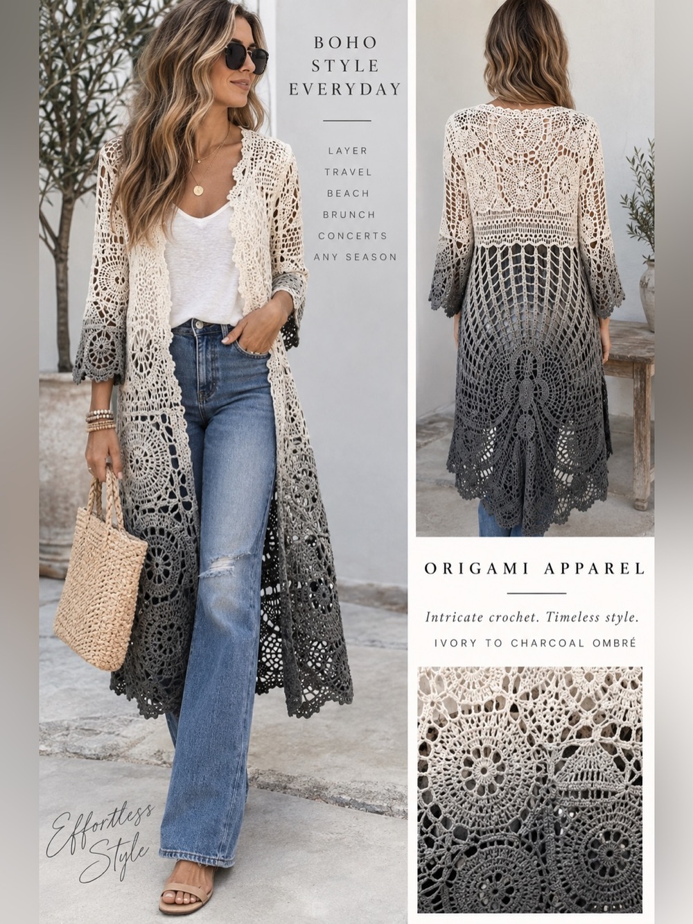 Origami Ombre Crochet Duster Cardigan S/M Ivory Charcoal Boho 100% Cotton